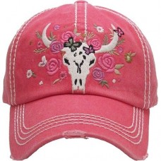 Longhorn Cow Skull Roses Ladies Cap Red Factory Distressed Hat  eb-76616845